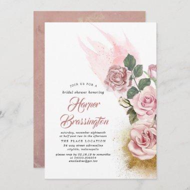 Gold Glitter and Dusty Rose Floral Bridal Shower Invitations