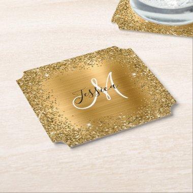 Gold Glitter and Foil Girly Glam Monogram Paper Coaster