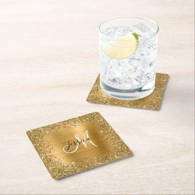 Gold Glitter and Foil Girly Glam Monogram Square Paper Coaster