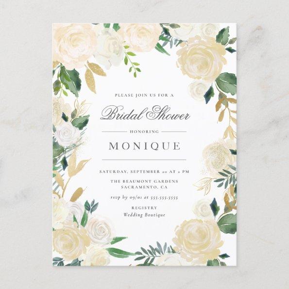 Gold Glitter & Blush Ivory Floral Bridal Shower Invitation PostInvitations
