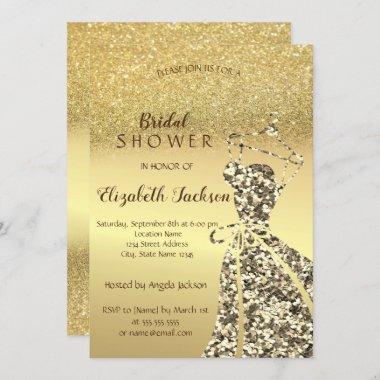 Gold Glitter Bokeh, Sequins Dress Bridal Shower Invitations