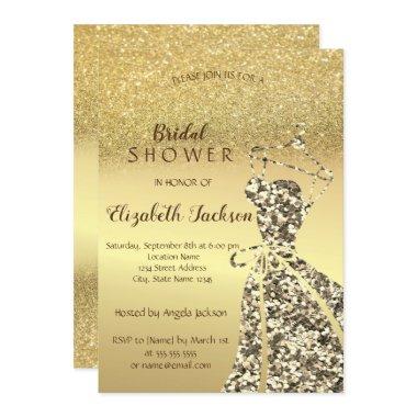 Gold Glitter Bokeh, Sequins Dress Bridal Shower Invitations