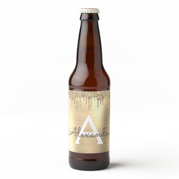 Gold Glitter Brushed Metal Monogram Name Beer Bottle Label