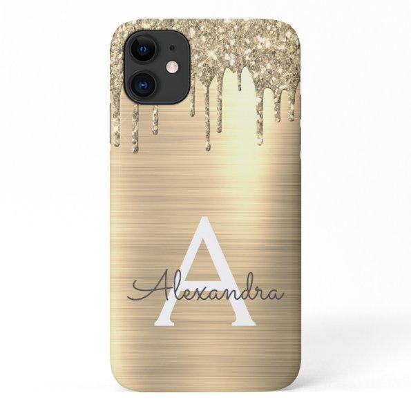Gold Glitter Brushed Metal Monogram Name iPhone 11 Case