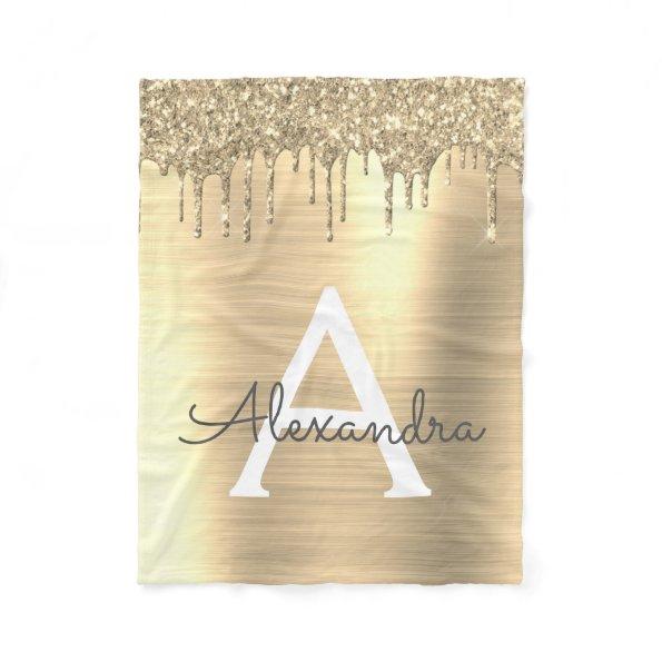 Gold Glitter Brushed Metal Monogram Name Fleece Blanket