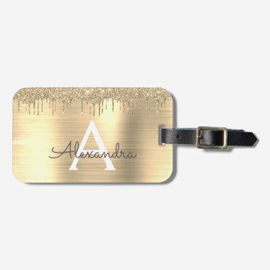 Gold Glitter Brushed Metal Monogram Name Luggage Tag