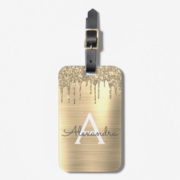 Gold Glitter Brushed Metal Monogram Name Luggage Tag