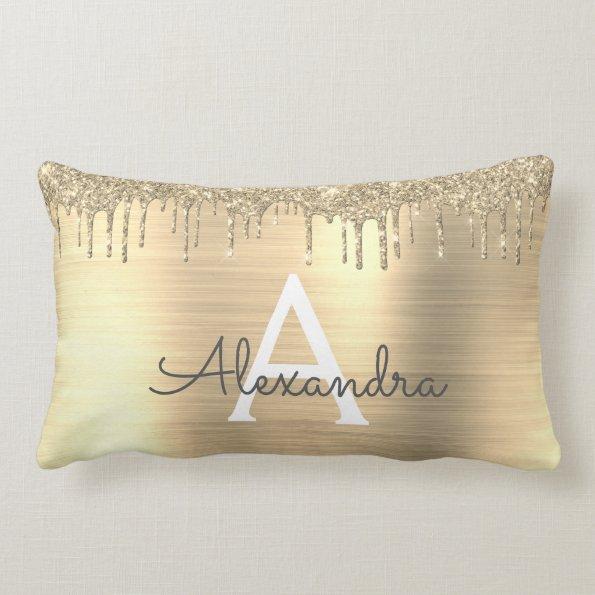 Gold Glitter Brushed Metal Monogram Name Lumbar Pillow