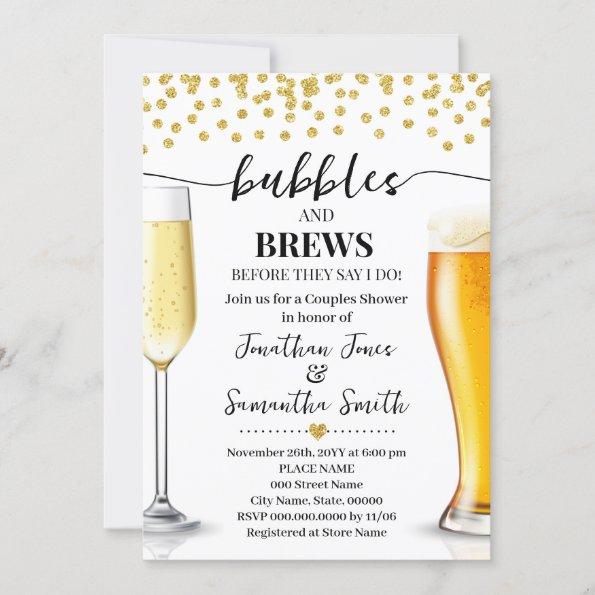 Gold Glitter Bubbles and Brews Wedding Shower Invitations
