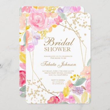 Gold glitter chic floral watercolor Bridal shower Invitations