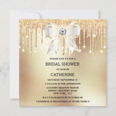 Gold glitter diamond white bow shimmer lights Invitations