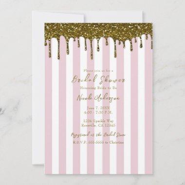 Gold Glitter Dip Pink Candy Stripes Bridal Shower Invitations