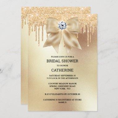 Gold glitter dripping diamond bow shimmer chic Invitations