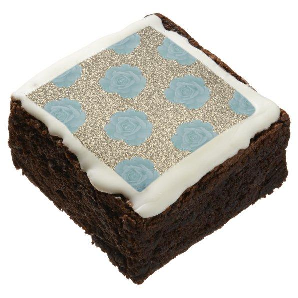 Gold Glitter Dusty Blue Rose Baby Shower Wedding Brownie