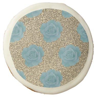 Gold Glitter Dusty Blue Rose Baby Shower Wedding Sugar Cookie