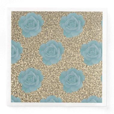 Gold Glitter Dusty Blue Rose  Wedding Paper Dinner Napkins