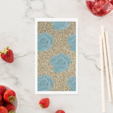 Gold Glitter Dusty Blue Rose  Wedding Paper Guest Towels