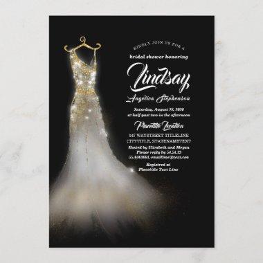 Gold Glitter Elegant Dress Black Bridal shower Invitations