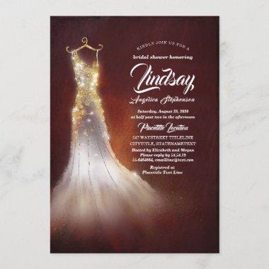 Gold Glitter Elegant Dress Burgundy Bridal shower Invitations