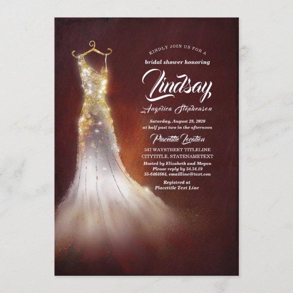 Gold Glitter Elegant Dress Burgundy Bridal shower Invitations