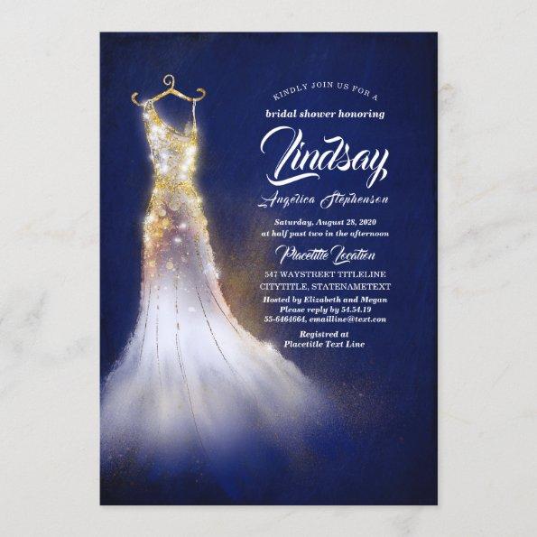 Gold Glitter Elegant Dress Navy Blue Bridal shower Invitations