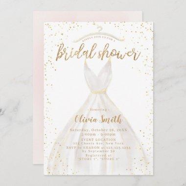 Gold Glitter Elegant Wedding Dress Bridal Shower Invitations