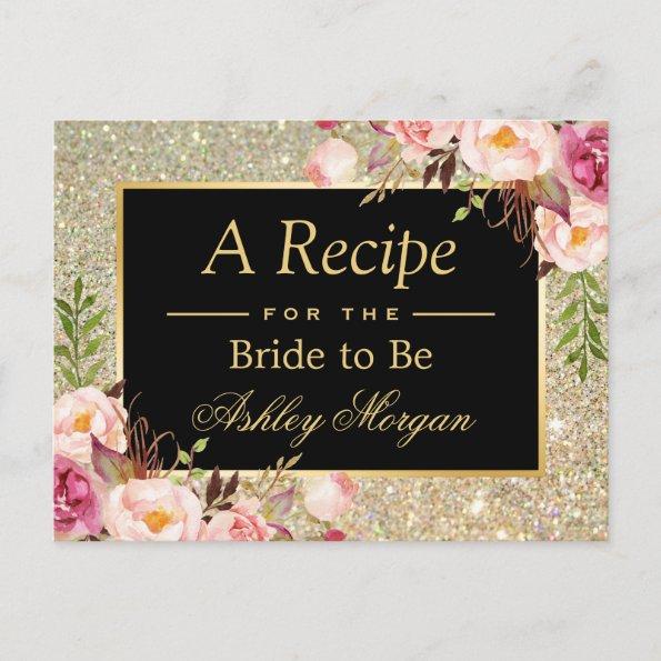 Gold Glitter Floral | Bridal Shower Recipe Invitations