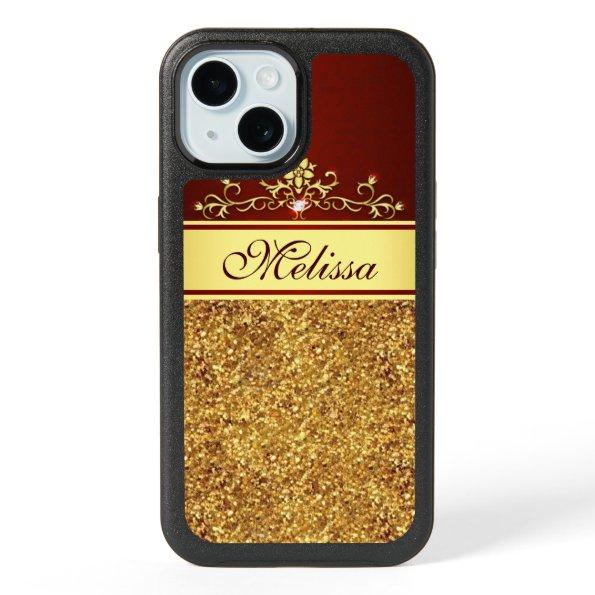 Gold Glitter Floral Burgundy Red iPhone 15 Case