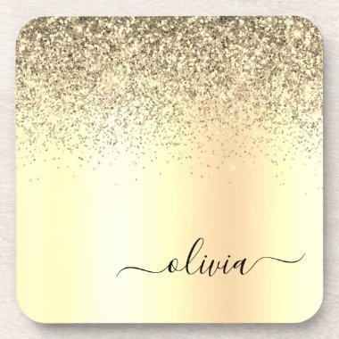 Gold Glitter Girly Luxury Modern Monogram Name Beverage Coaster