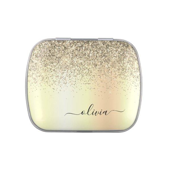 Gold Glitter Girly Luxury Modern Monogram Name Candy Tin