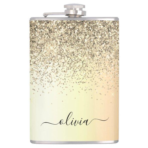 Gold Glitter Girly Luxury Modern Monogram Name Flask