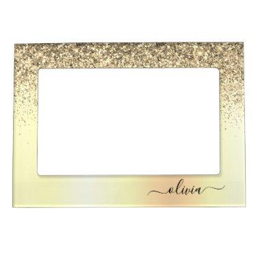 Gold Glitter Girly Luxury Modern Monogram Name Magnetic Frame