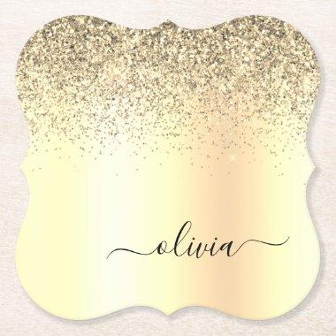 Gold Glitter Girly Luxury Modern Monogram Name Paper Coaster