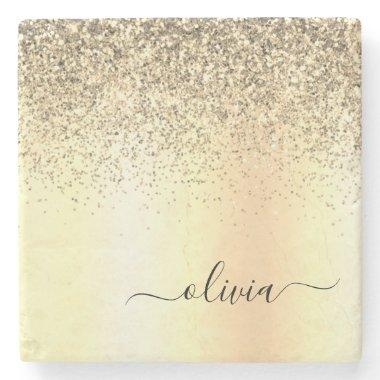 Gold Glitter Girly Luxury Modern Monogram Name Stone Coaster