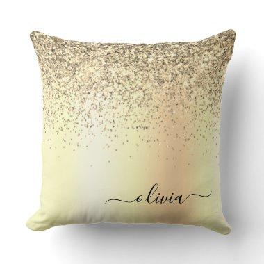 Gold Glitter Girly Luxury Modern Monogram Name Throw Pillow