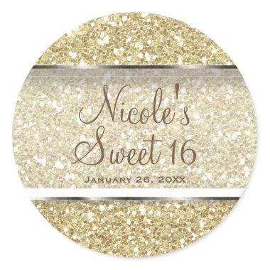 Gold Glitter Glam Sweet 16 Custom Party Favor Classic Round Sticker