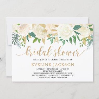 GOld glitter greenery ivory floral bridal shower Invitations