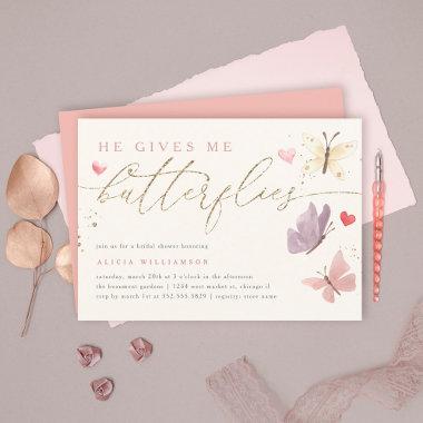Gold Glitter He Gives Me Butterflies Bridal Shower Invitations