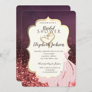 Gold Glitter Heart,Dress Bokeh Bridal Shower Invitations