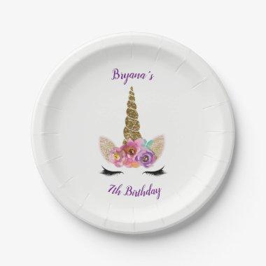 Gold Glitter Magical Unicorn Horn Birthday Party Paper Plates