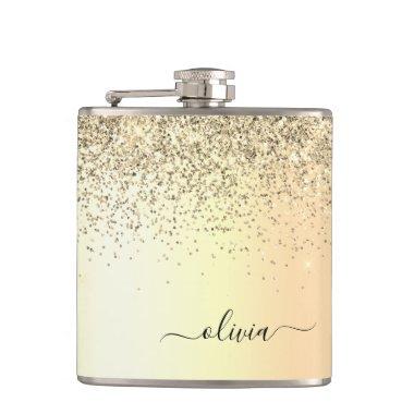 Gold Glitter Metal Monogram Glam Name Flask