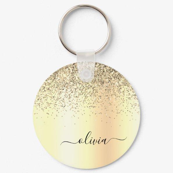 Gold Glitter Metal Monogram Glam Name Keychain