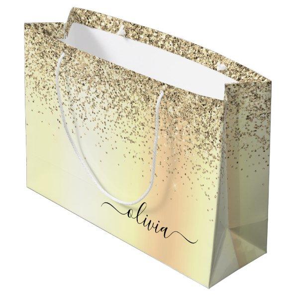 Gold Glitter Metal Monogram Glam Name Large Gift Bag