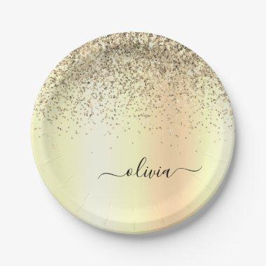 Gold Glitter Metal Monogram Glam Name Paper Plates