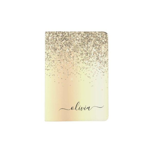 Gold Glitter Metal Monogram Glam Name Passport Holder