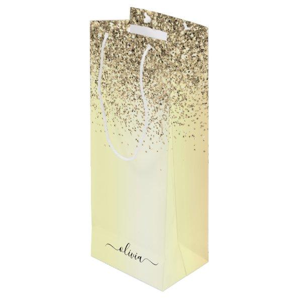 Gold Glitter Metal Monogram Glam Name Wine Gift Bag