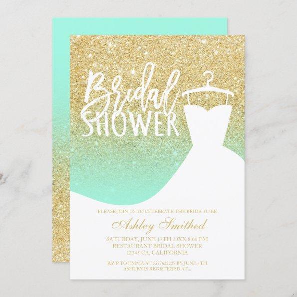 Gold glitter mint elegant chic dress Bridal shower Invitations