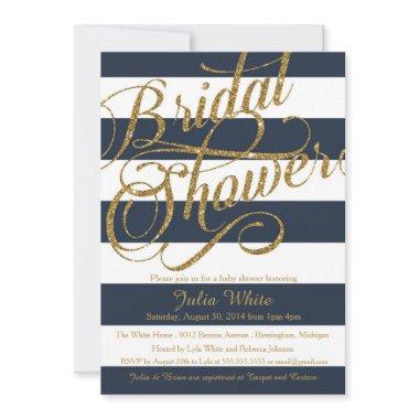 Gold Glitter Navy Blue Strip Shower Invitations