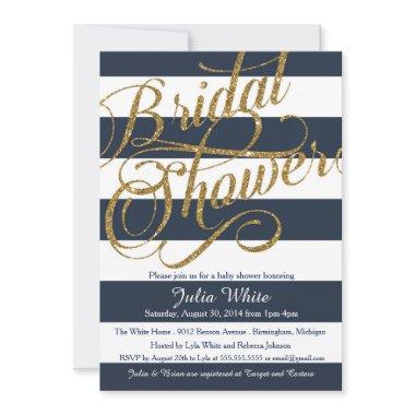 Gold Glitter Navy Blue Strip Shower Invitations