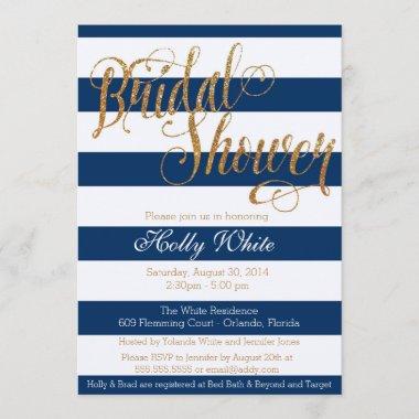 Gold Glitter Navy Stripe Bridal Shower Invitations